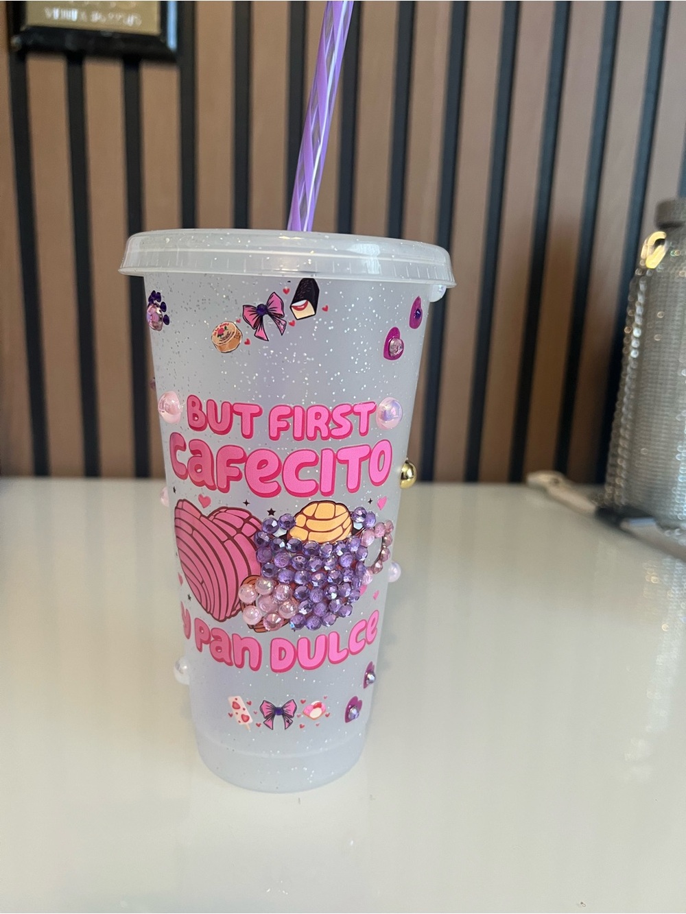 But First Cafecito Pink Decorative Travel Tumbler with Straw